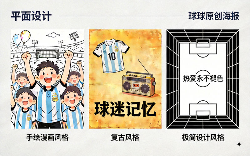 精选球迷原创海报展示，包含手绘漫画风格、复古风格和极简设计风格的三张海报