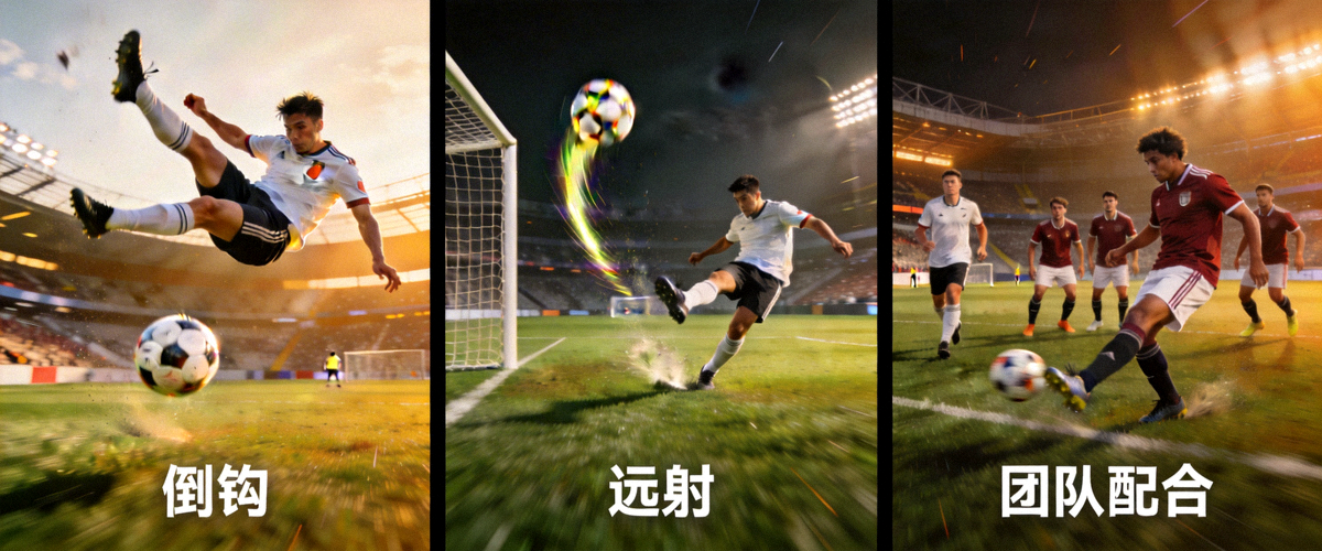 三个候选进球的视频截图拼图，展示倒钩、远射和团队配合进球